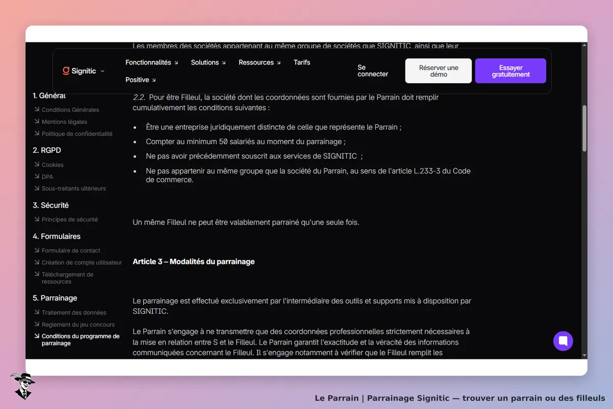 Signitic : section sur les modalités de parrainage avec conditions affichées en texte