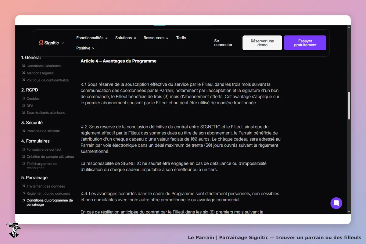 Signitic : section sur les avantages du programme de parrainage avec conditions affichées