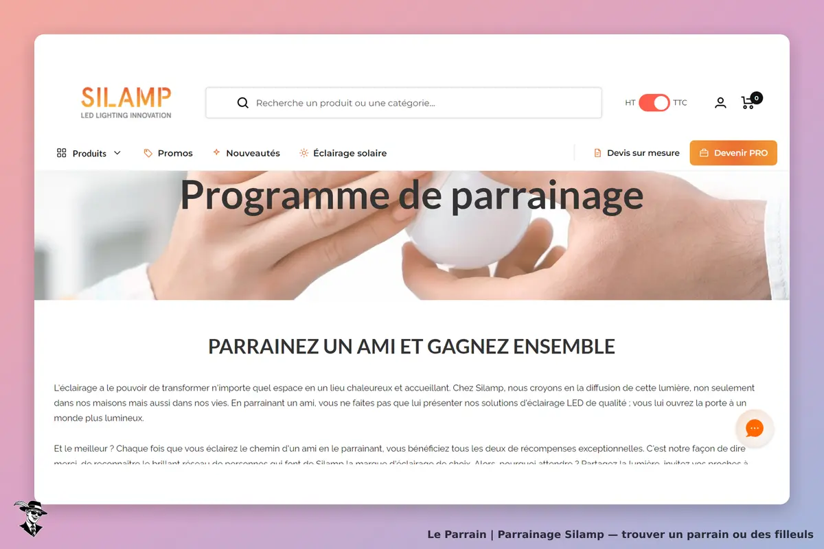 Silamp : programme de parrainage avec des mains tenant une ampoule, texte explicatif en dessous