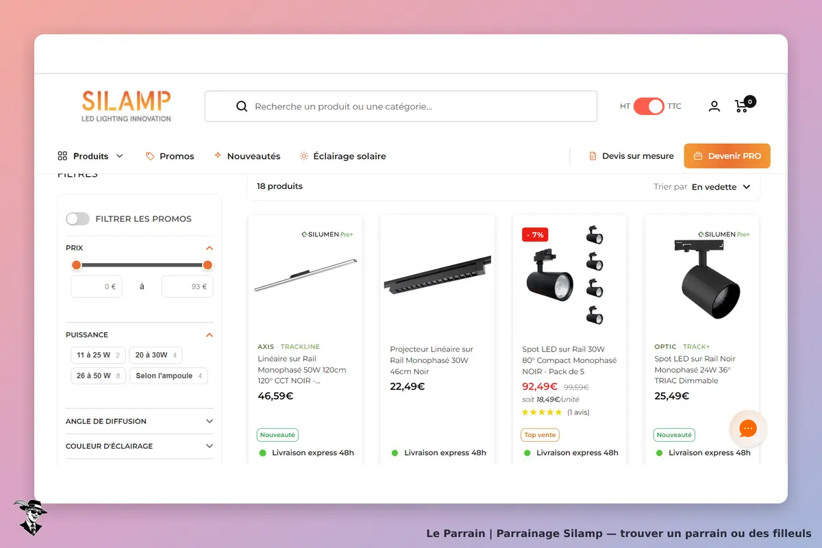 Silamp : page d'accueil avec des produits d'éclairage et options de filtrage à gauche