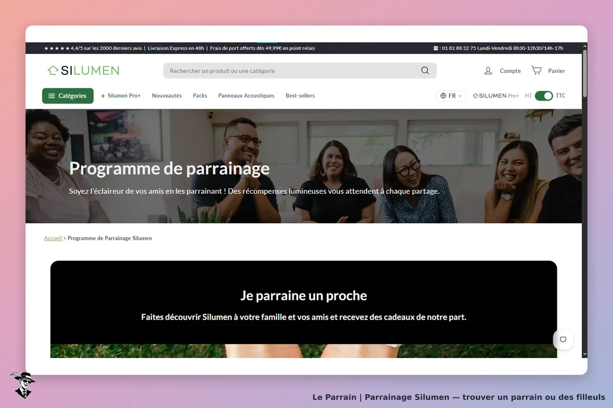 Silumen : page d'accueil présentant le programme de parrainage avec des personnes souriantes