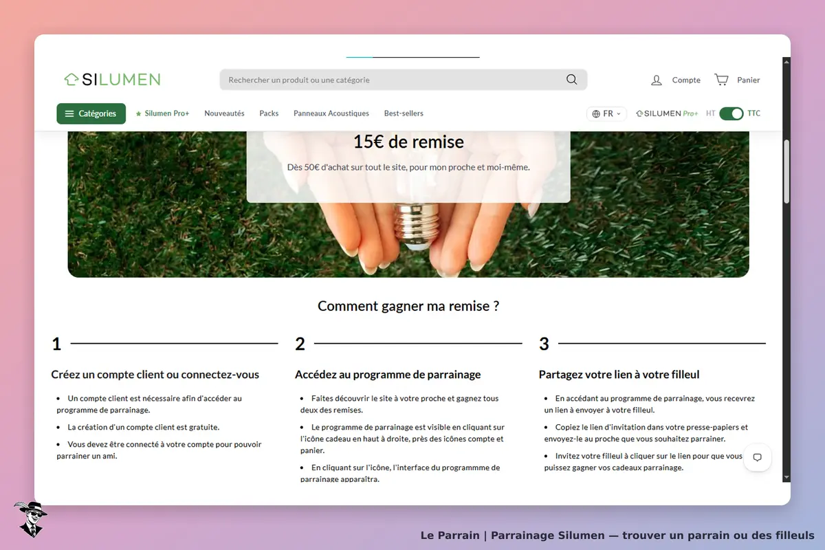 Silumen : page d'accueil avec instructions sur le programme de parrainage et remise affichée