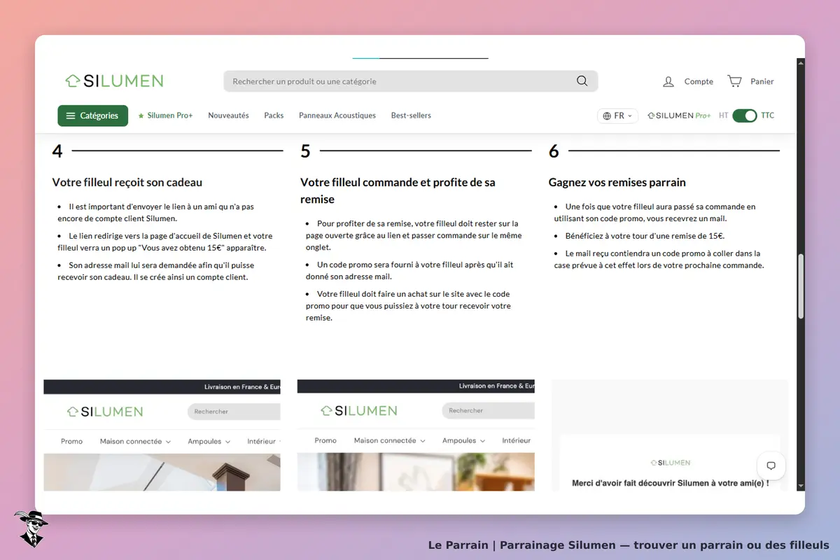 Silumen : page d'accueil avec étapes de parrainage et informations sur les remises