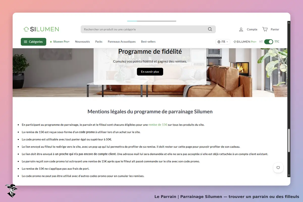 Silumen : page d'accueil avec programme de fidélité et mentions légales du parrainage