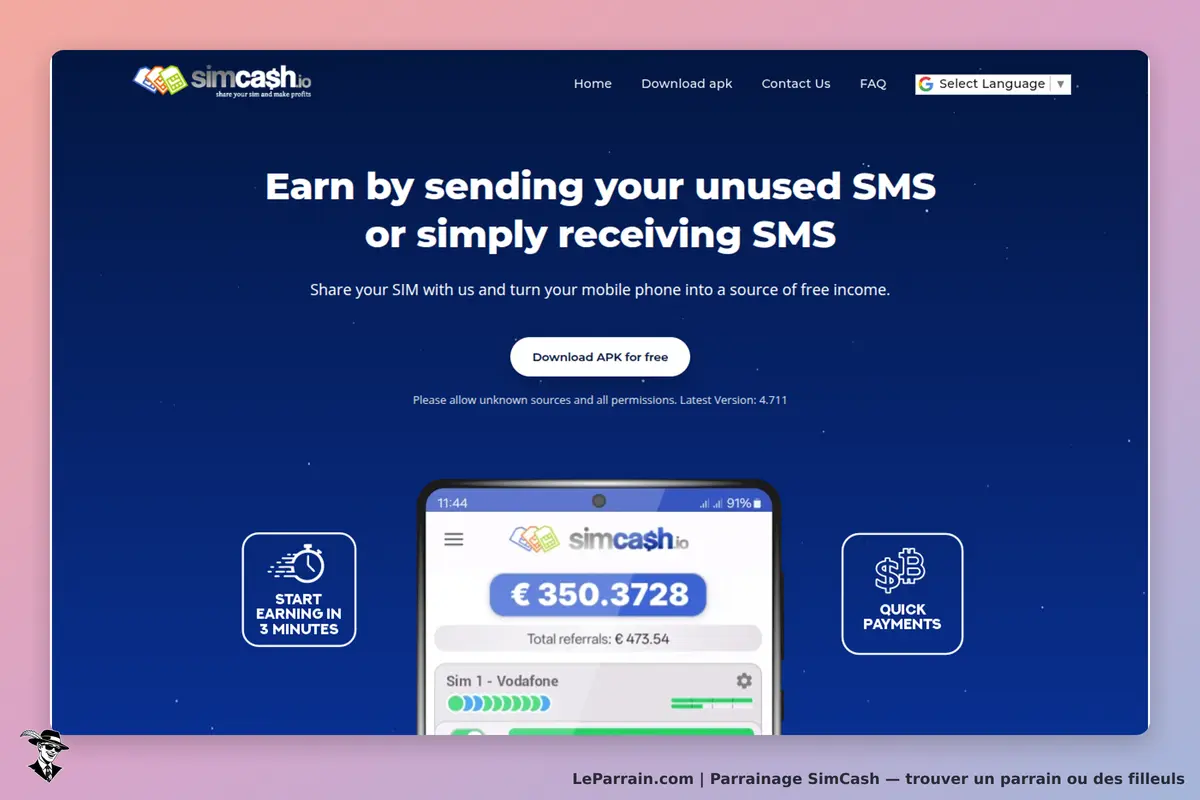 SimCash : page d'accueil avec un smartphone affichant des informations de gains et un bouton de