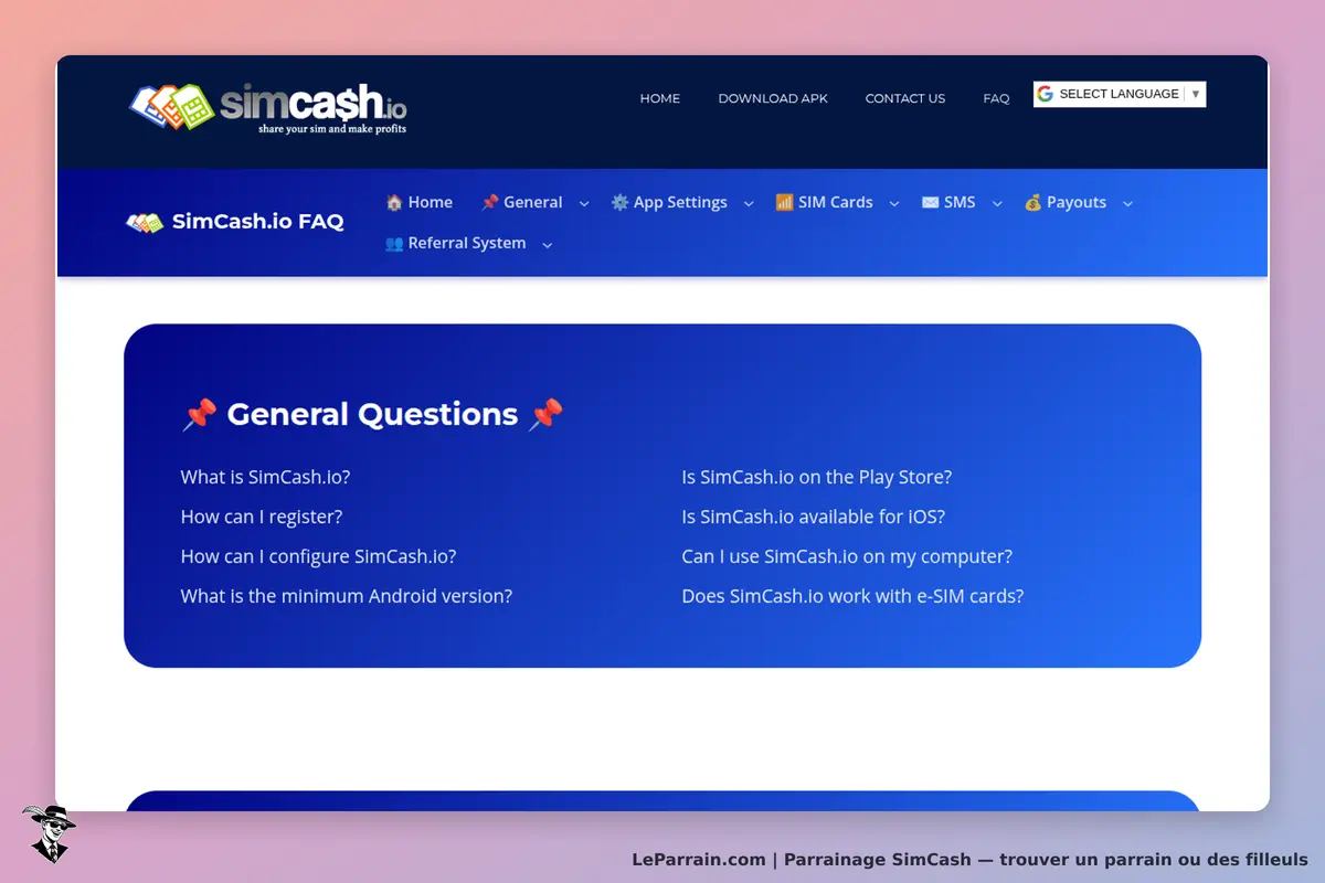 SimCash : page FAQ avec questions générales sur le service et options d'inscription