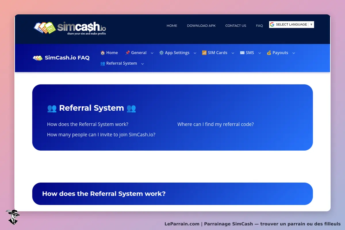 SimCash : page FAQ avec section sur le système de parrainage et questions associées
