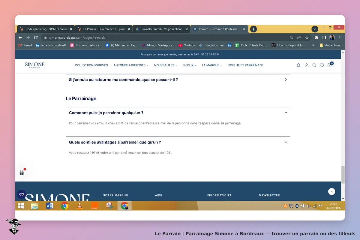 Simone à Bordeaux : simone : page d'accueil avec section sur le parrainage et questions fréquentes