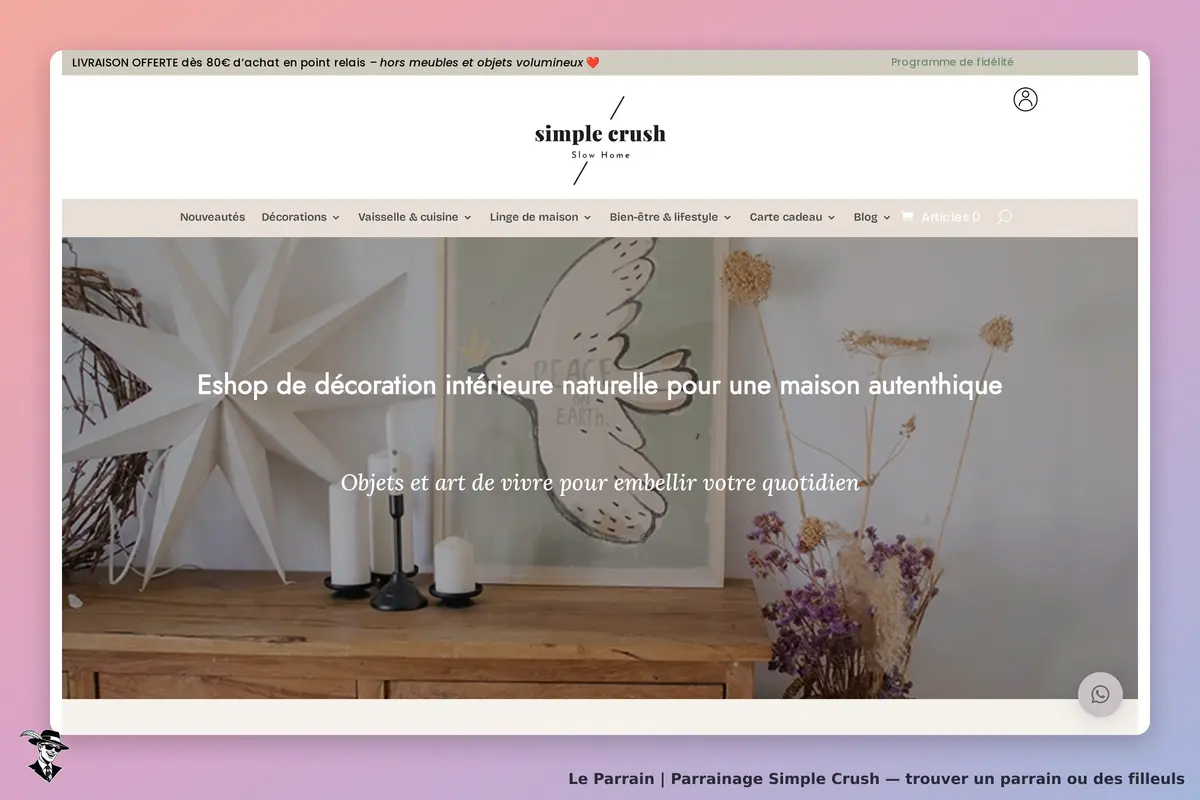 Simple Crush : page d'accueil avec des objets de décoration intérieure et un tableau illustré
