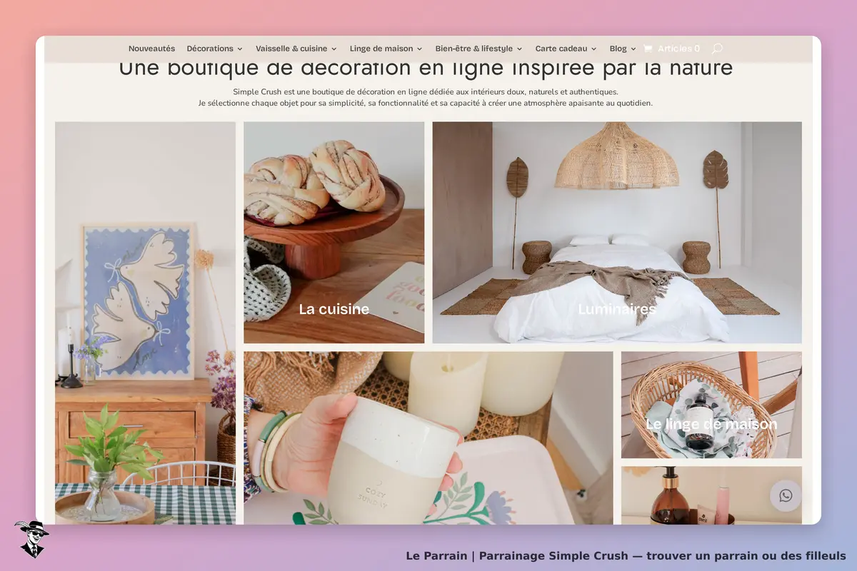 Simple Crush : page d'accueil avec diverses catégories de décoration et produits naturels
