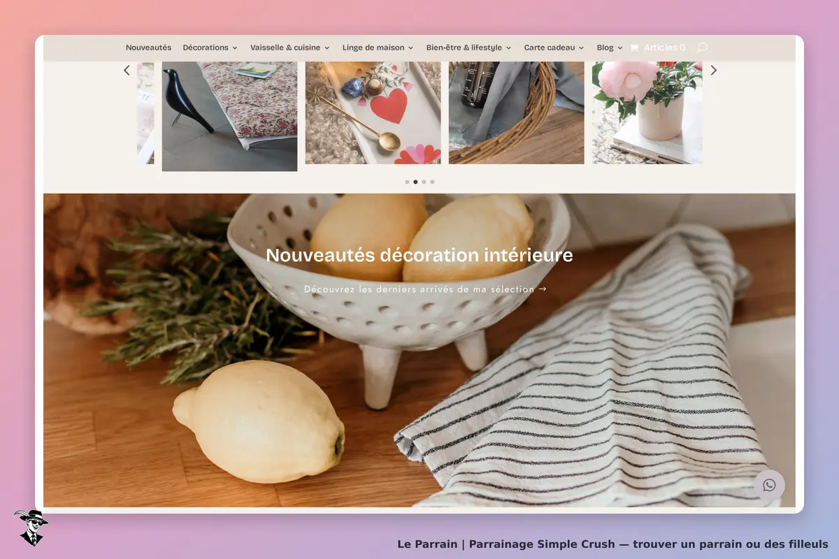 Simple Crush : page d'accueil avec des décorations et des produits de maison sur un fond clair
