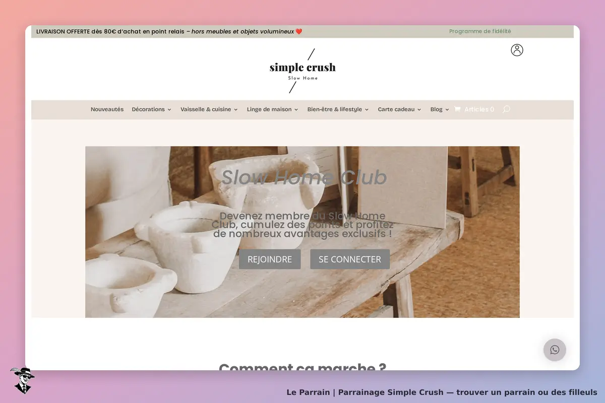simple crush : page d'accueil avec des objets en céramique et un texte sur le Slow Home Club