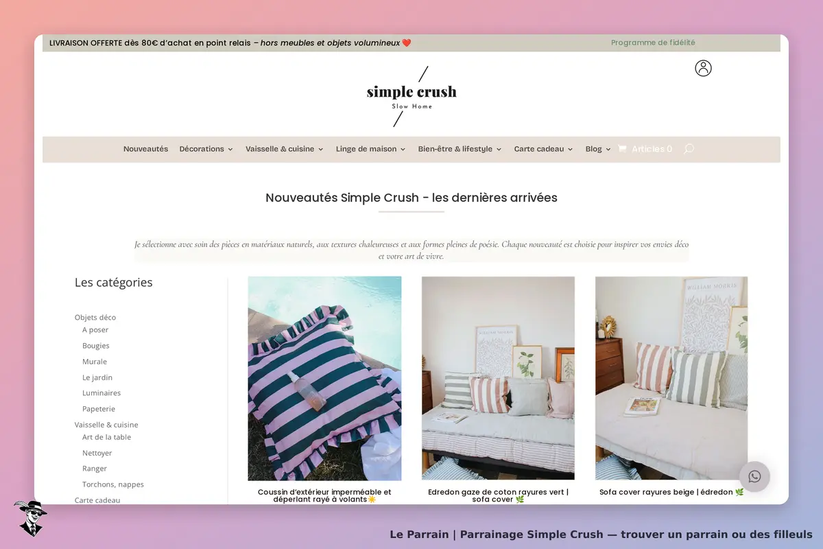 Simple Crush : page d'accueil avec catégories et nouveautés en décoration et linge de maison