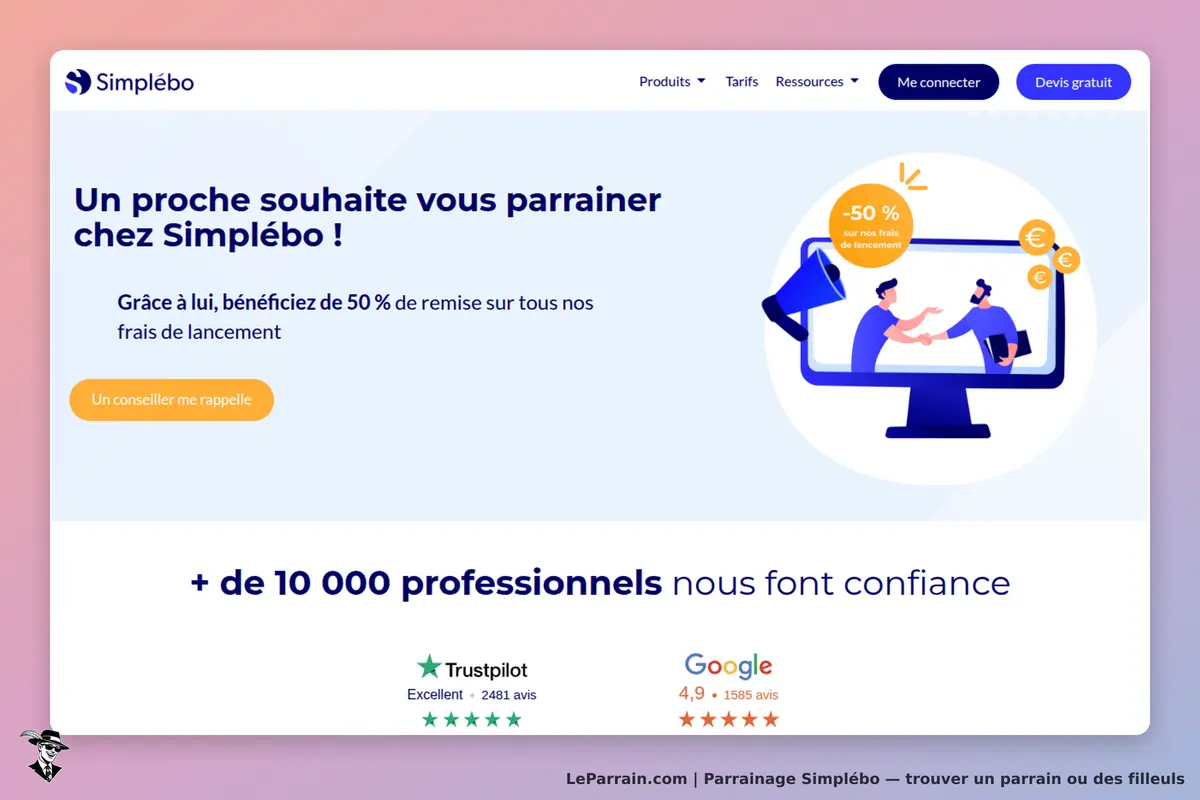 Simplébo : page d'accueil avec message de parrainage et illustration d'un échange sur écran
