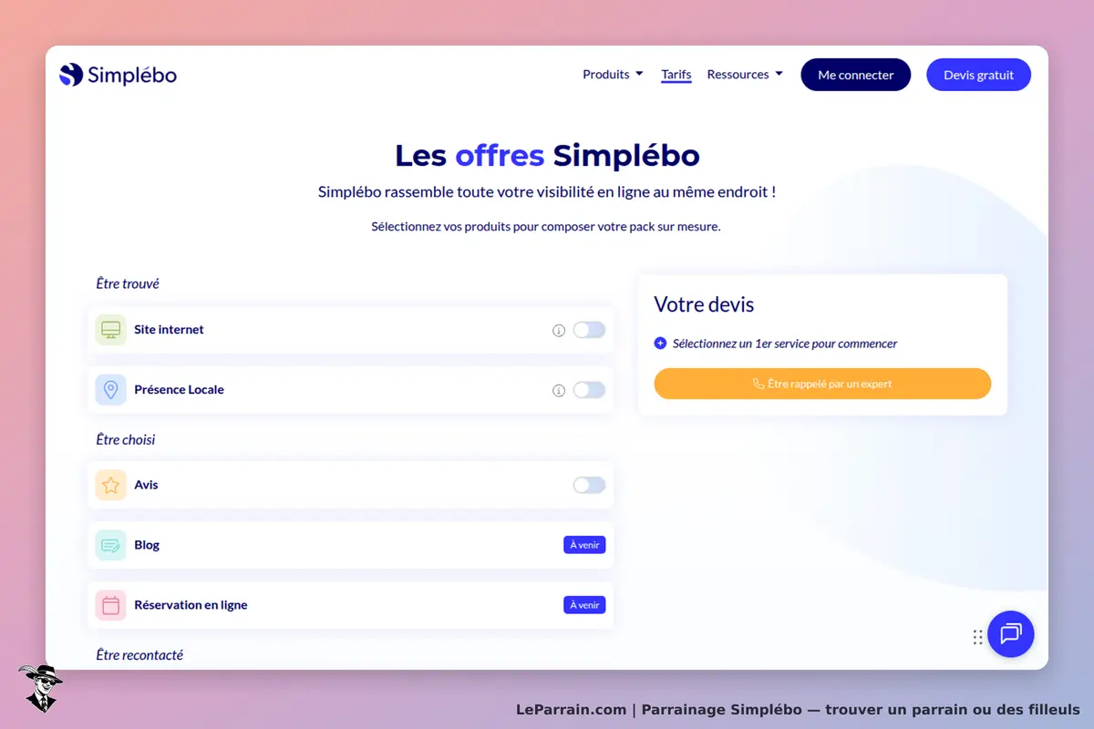 Simplébo : page d'accueil présentant les offres et un formulaire de devis à remplir
