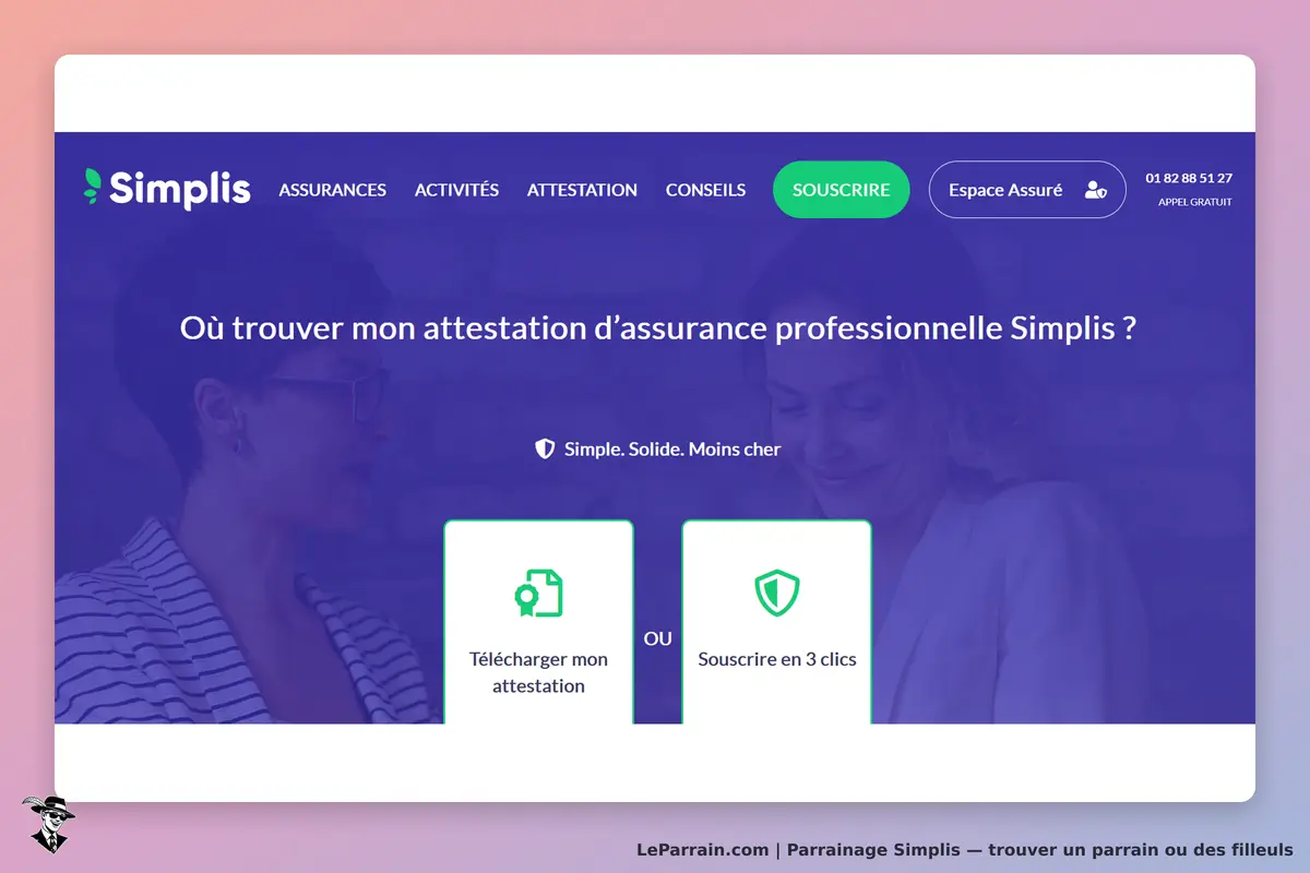 Simplis : page d'accueil avec options pour télécharger une attestation ou souscrire