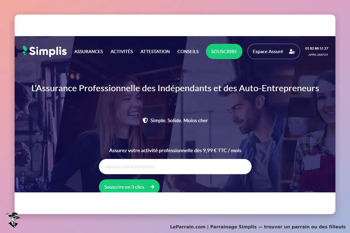 Simplis : page d'accueil présentant l'assurance pour indépendants avec un formulaire de