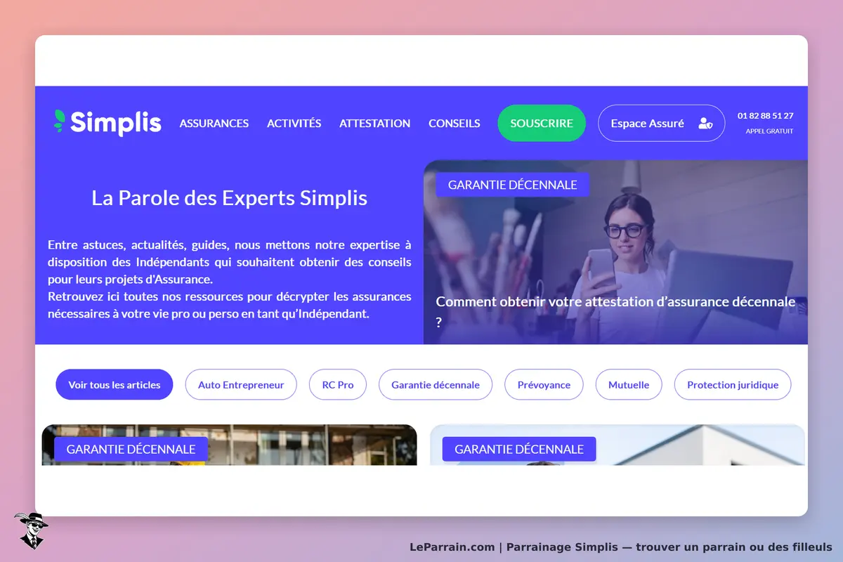 Simplis : page d'accueil avec des conseils pour les indépendants et des options d'assurance
