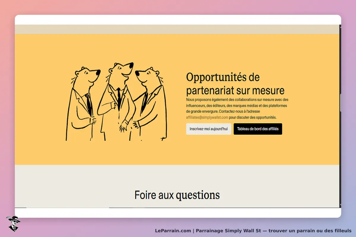 Simply Wall St : illustration de trois ours en costume sur fond jaune avec texte sur le partenariat