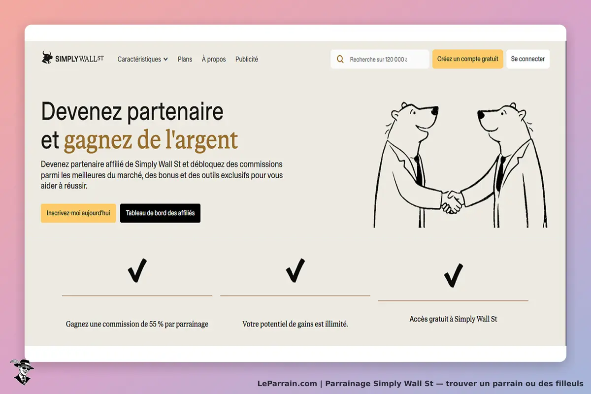 Simply Wall St : page d'accueil avec message sur le partenariat et illustration d'ours se serrant