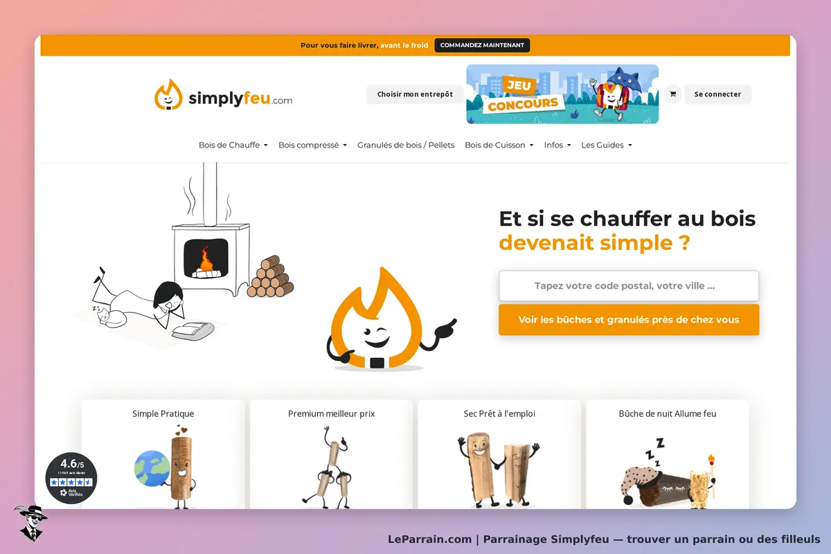 Simplyfeu : page d'accueil avec illustrations, formulaire et produits de chauffage au bois