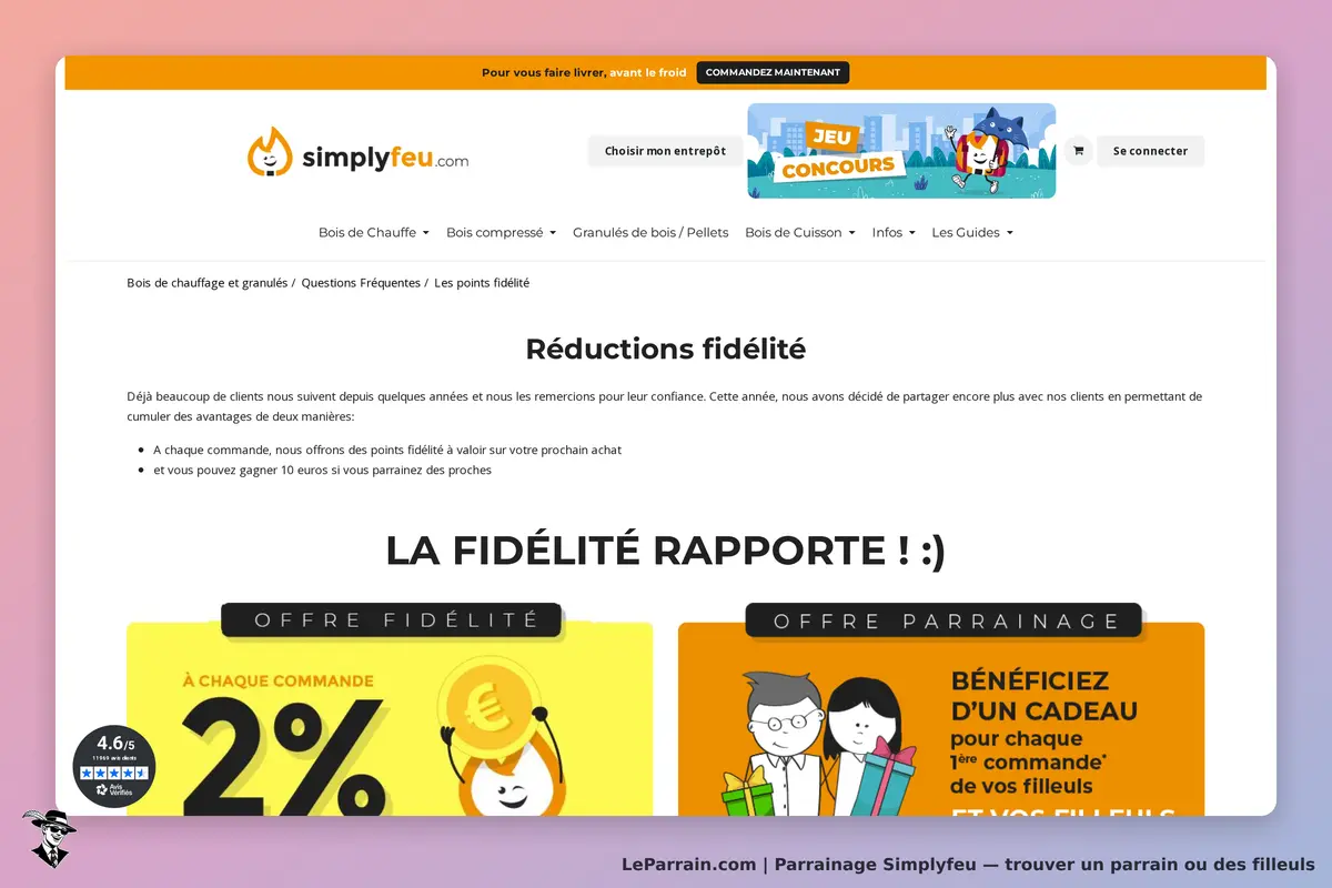 Simplyfeu : page d'accueil avec informations sur les réductions fidélité et parrainage
