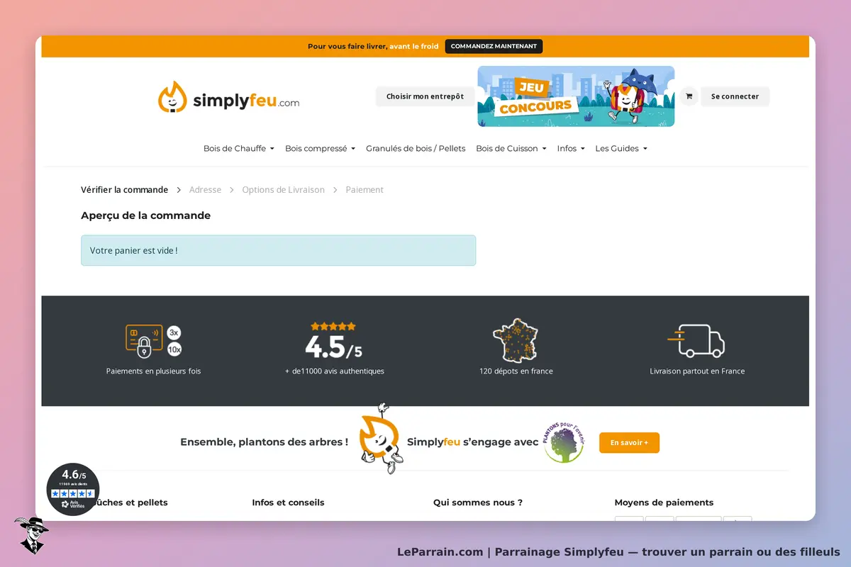 Simplyfeu : aperçu de commande avec message indiquant un panier vide et options de paiement