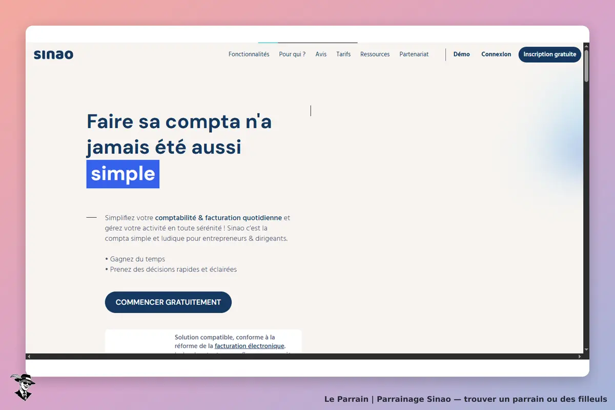 Sinao : page d'accueil avec un slogan sur la comptabilité et un bouton d'inscription gratuite