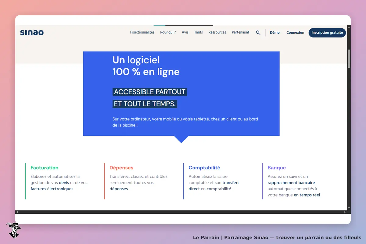 Sinao : page d'accueil présentant un logiciel accessible partout, avec fonctionnalités listées