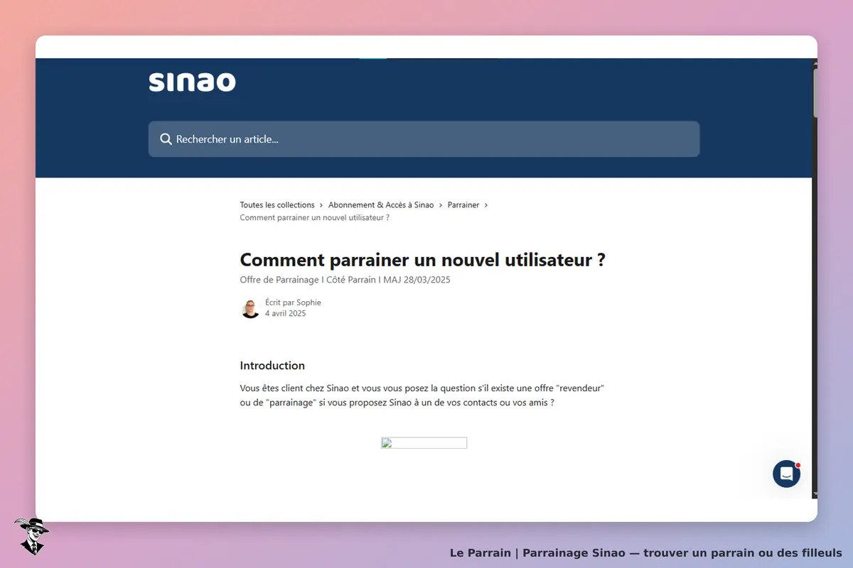 Sinao : page d'aide sur le parrainage d'un nouvel utilisateur, avec introduction et auteur