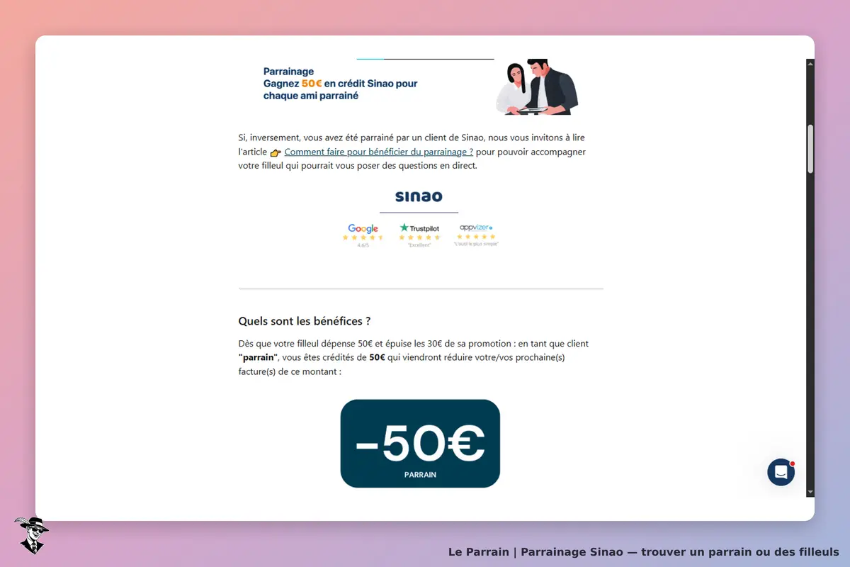 Sinao : page d'accueil présentant le parrainage et ses bénéfices avec un bouton de crédit
