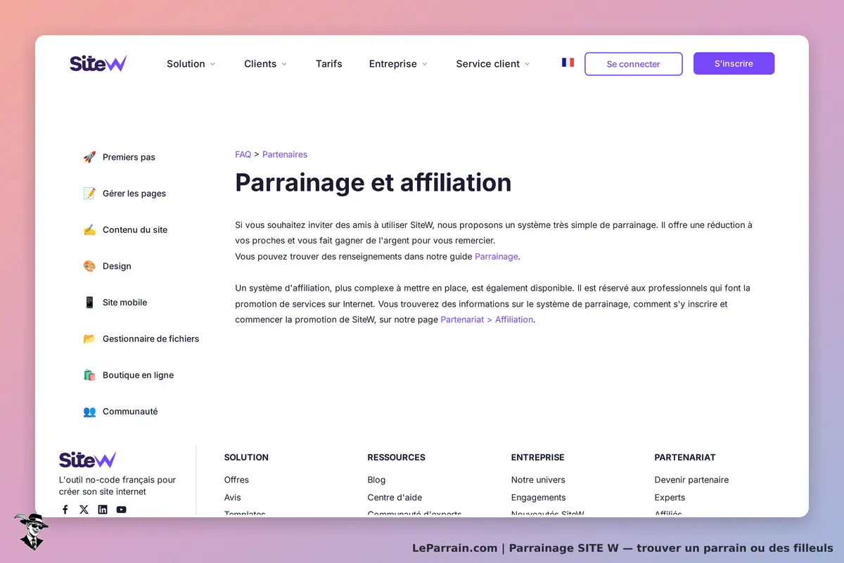 SITE W : siteW : page sur le parrainage et l'affiliation avec des options de navigation sur le site