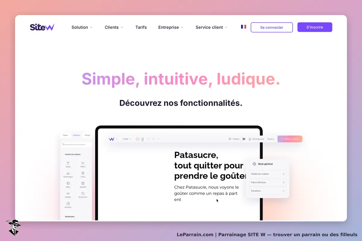 SITE W : page d'accueil présentant les fonctionnalités avec un design simple et intuitif
