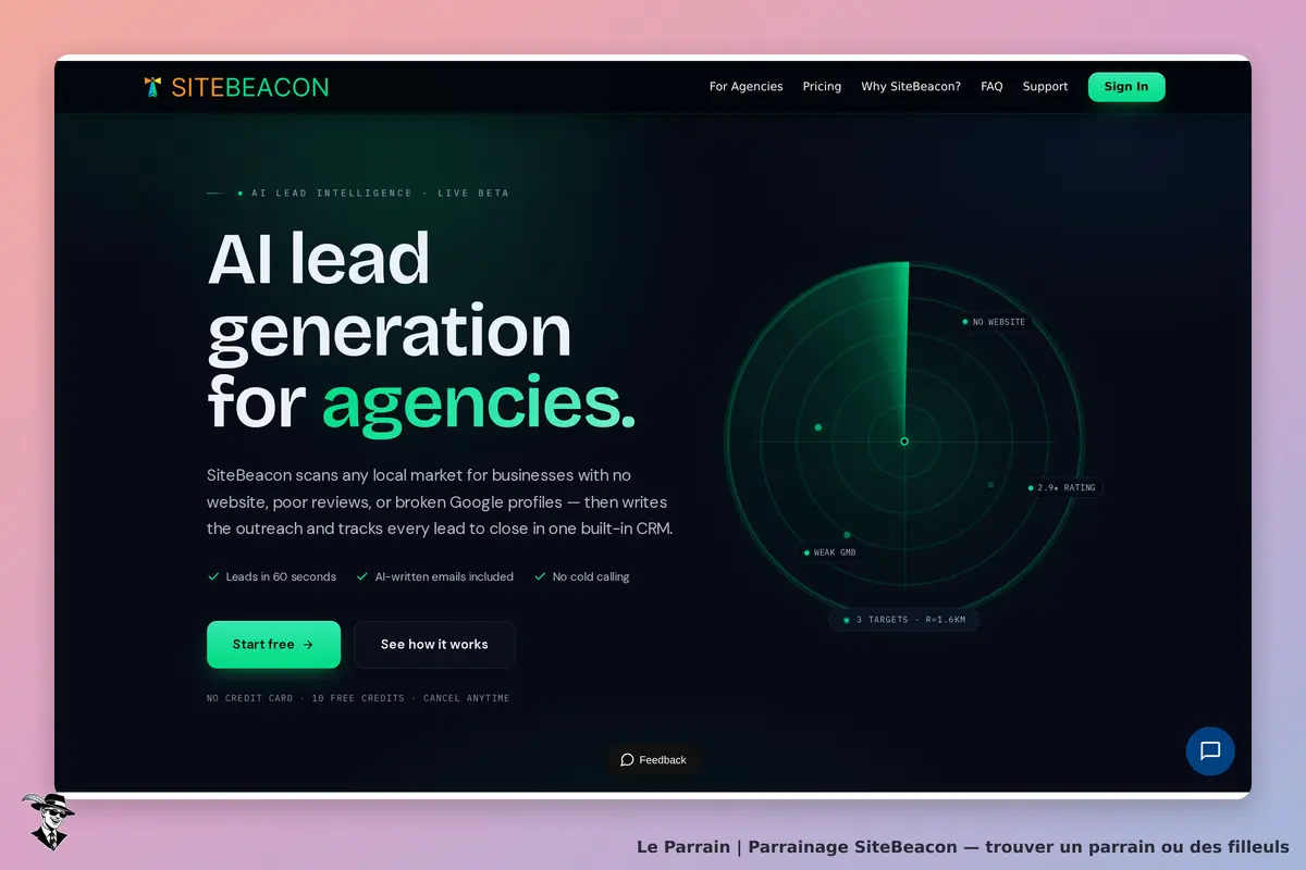 SiteBeacon : page d'accueil présentant la génération de leads par IA pour agences