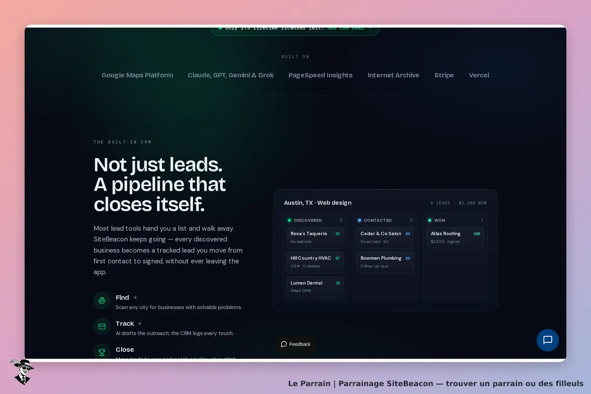 SiteBeacon : page d'accueil avec texte sur la gestion des leads et tableau d'entreprises