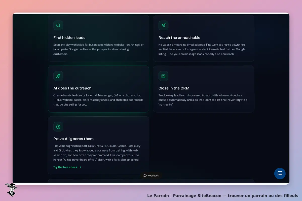 SiteBeacon : page d'accueil présentant des fonctionnalités et services en quatre blocs