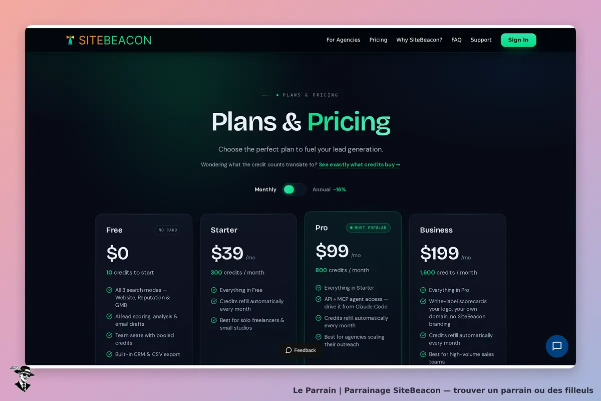 SiteBeacon : page des plans et tarifs avec options Free, Starter, Pro et Business