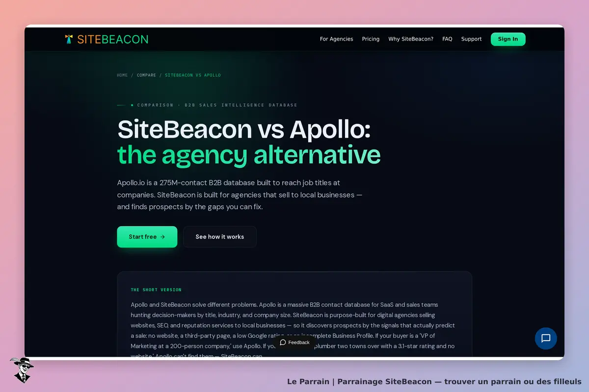 SiteBeacon : comparaison entre SiteBeacon et Apollo sur une page sombre et moderne