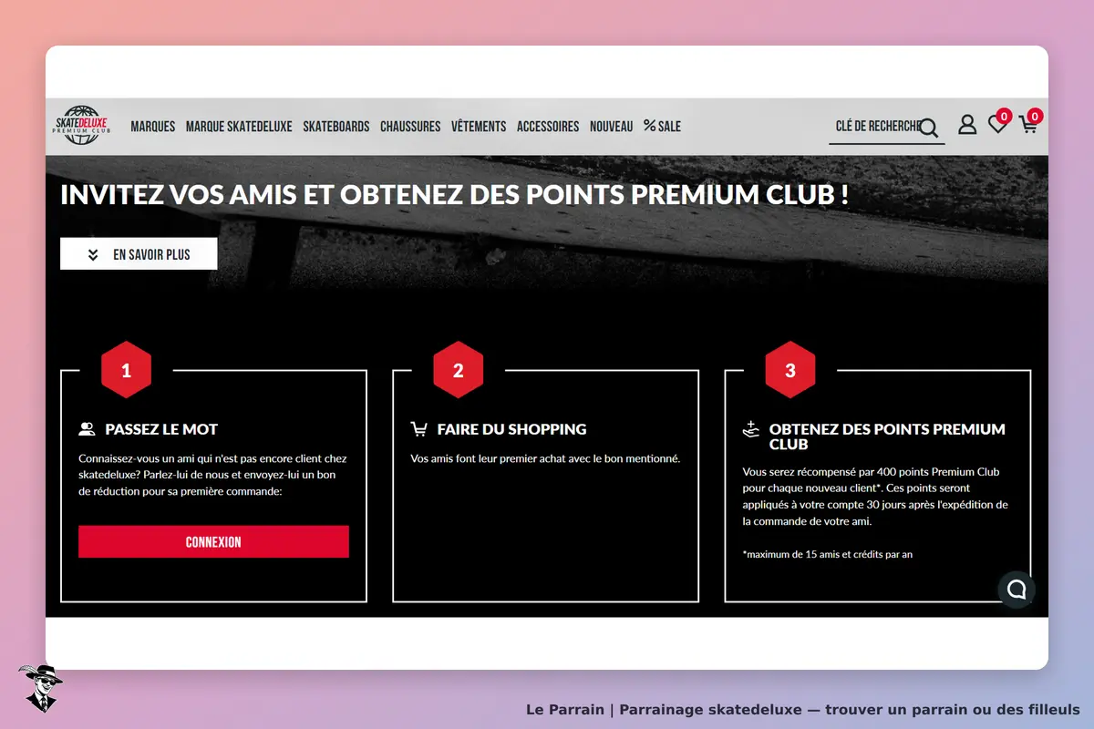 skatedeluxe : page d'accueil avec section sur le parrainage et trois étapes explicatives