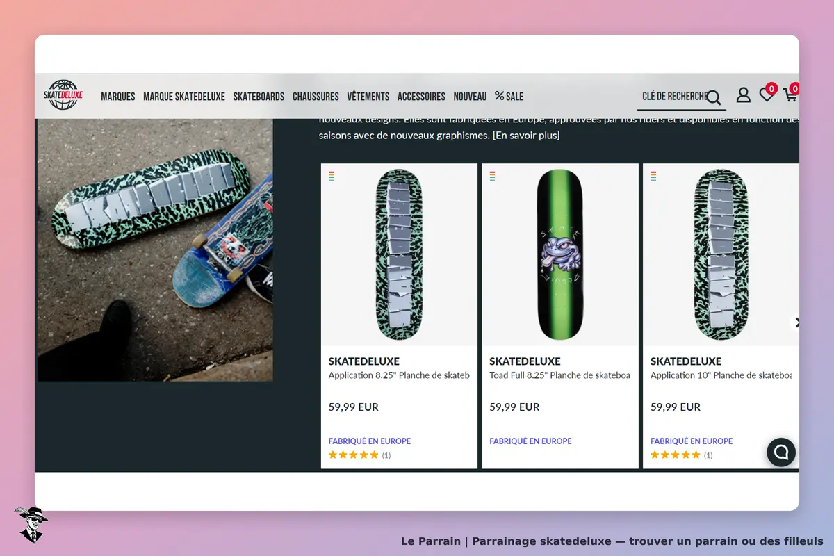 skatedeluxe : trois planches de skate avec différents designs affichées sur la page d'accueil