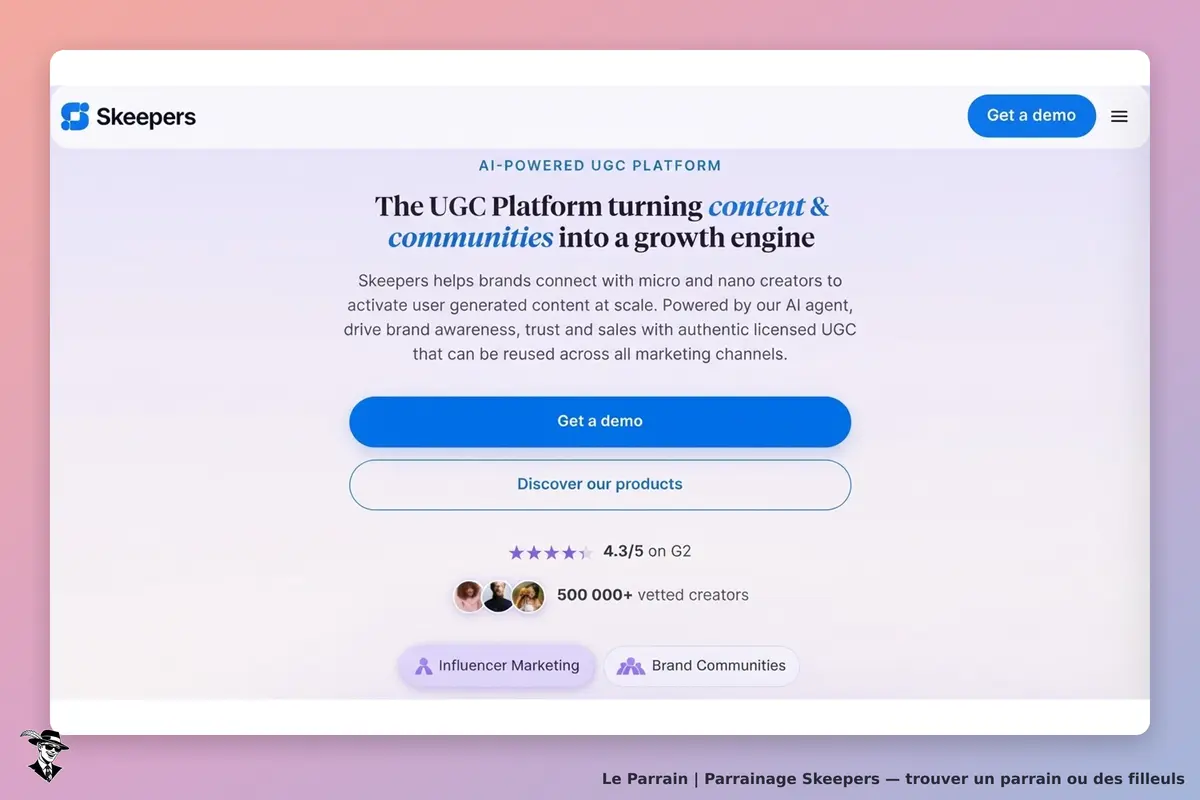 Skeepers : page d'accueil présentant la plateforme UGC avec boutons et évaluations visibles
