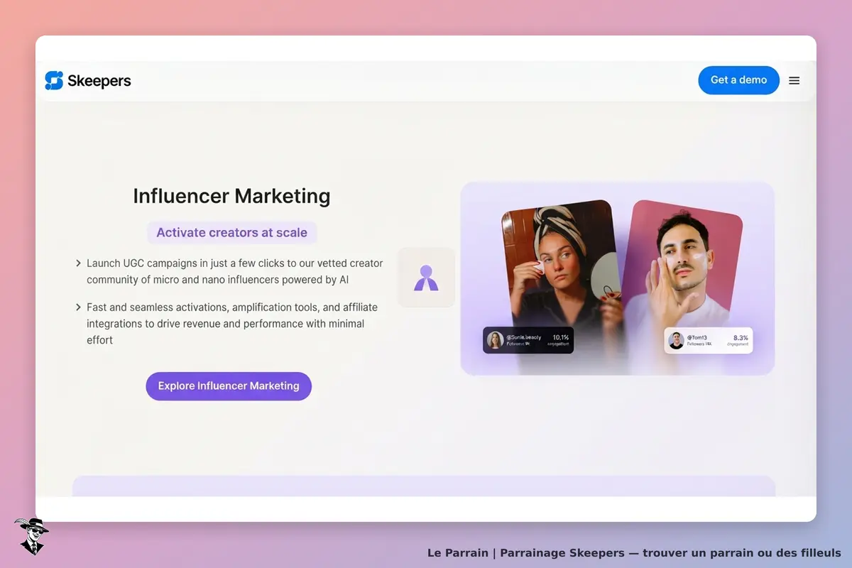 Skeepers : page d'accueil sur le marketing d'influence avec visuels d'influenceurs et options