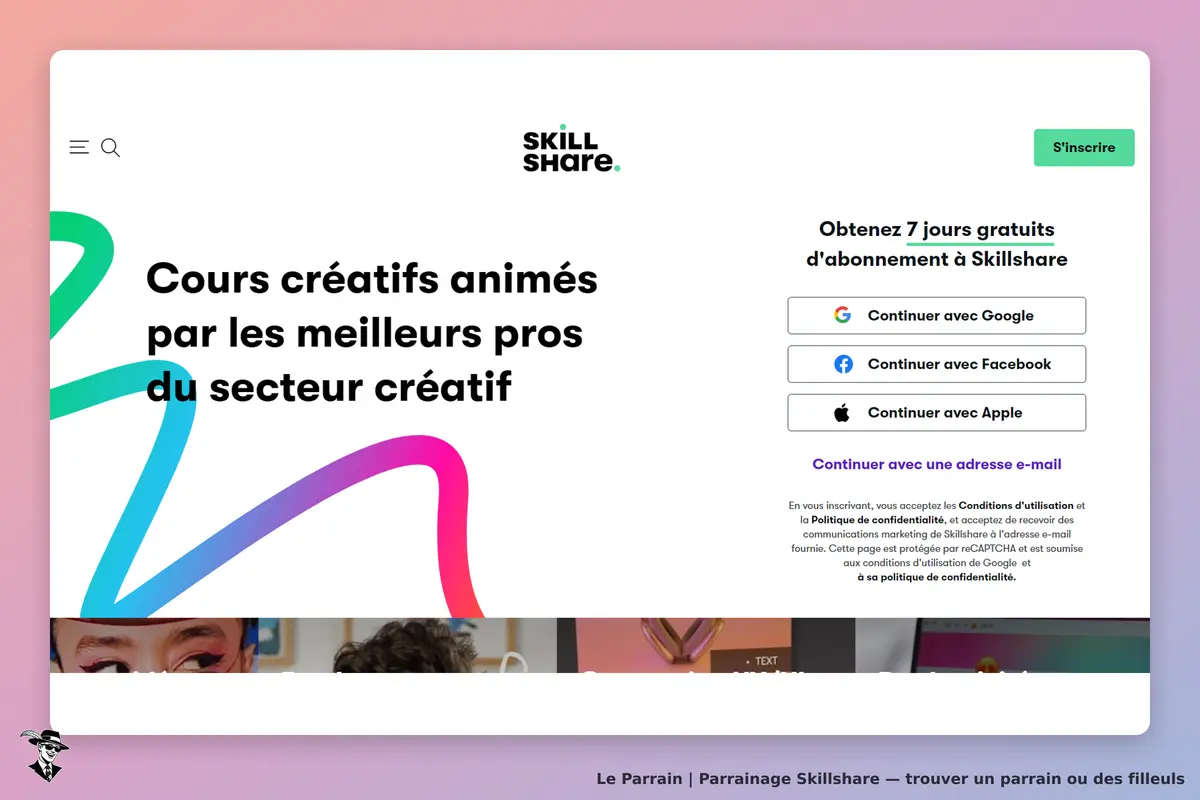 Skillshare : page d'accueil avec inscription et options de connexion via Google, Facebook, Apple