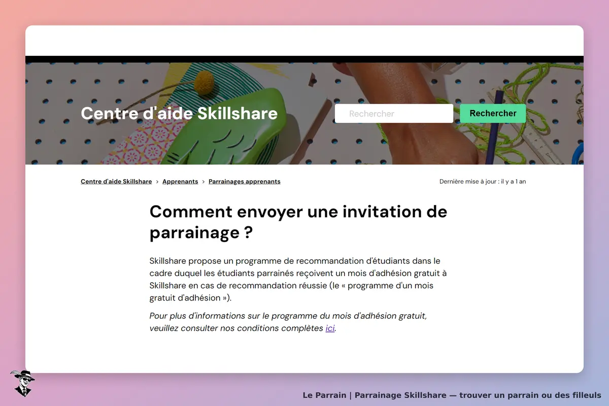 Skillshare : page d'aide sur l'envoi d'invitations de parrainage, avec un visuel coloré
