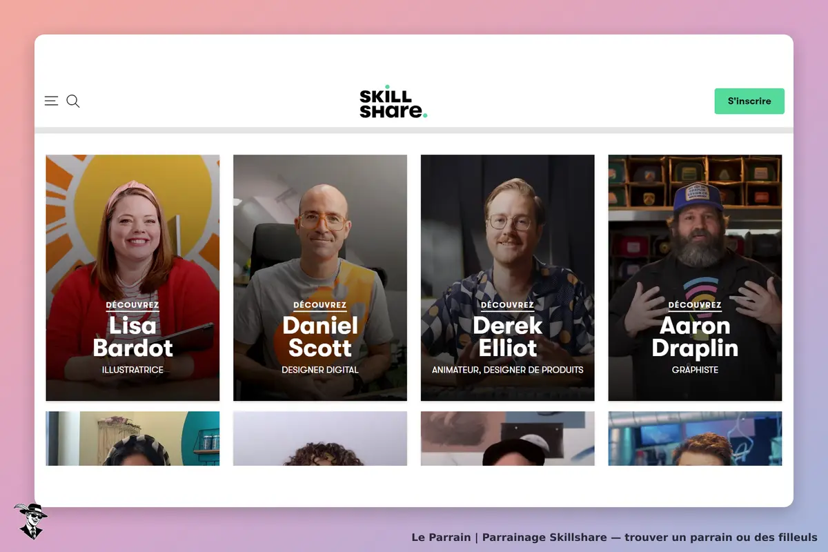 Skillshare : page d'accueil avec des profils d'enseignants et un bouton d'inscription