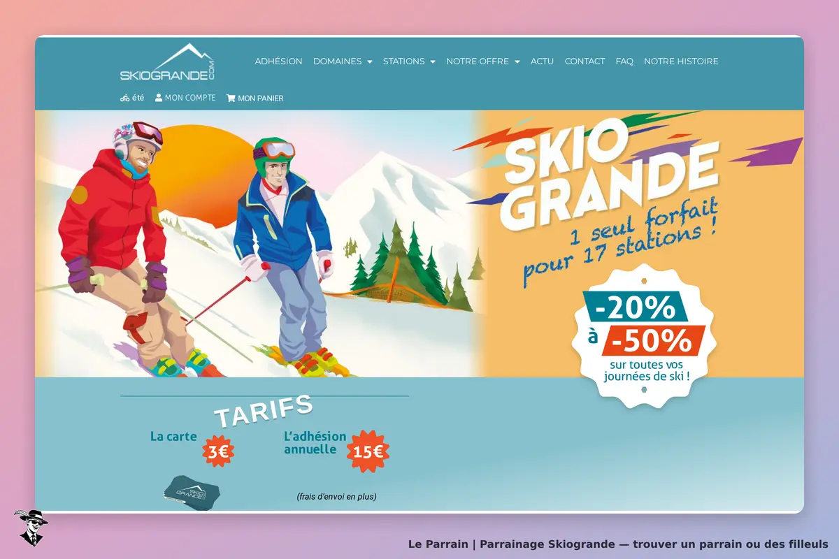 Skiogrande : deux skieurs sur une montagne avec un soleil couchant et des informations tarifaires