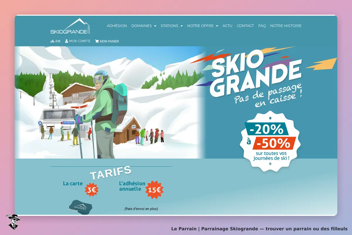 Skiogrande : page d'accueil avec un skieur, des montagnes et des informations sur les tarifs