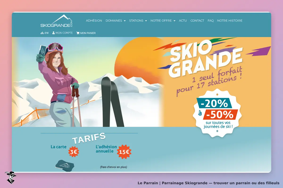 Skiogrande : page d'accueil avec une skieuse, des tarifs et un forfait pour 17 stations
