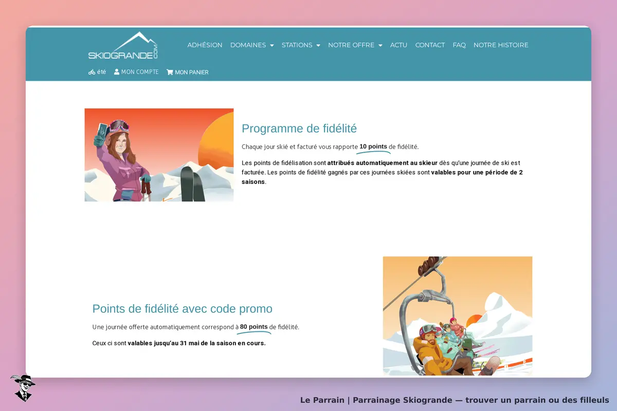 Skiogrande : page d'accueil présentant le programme de fidélité et des illustrations de skieurs