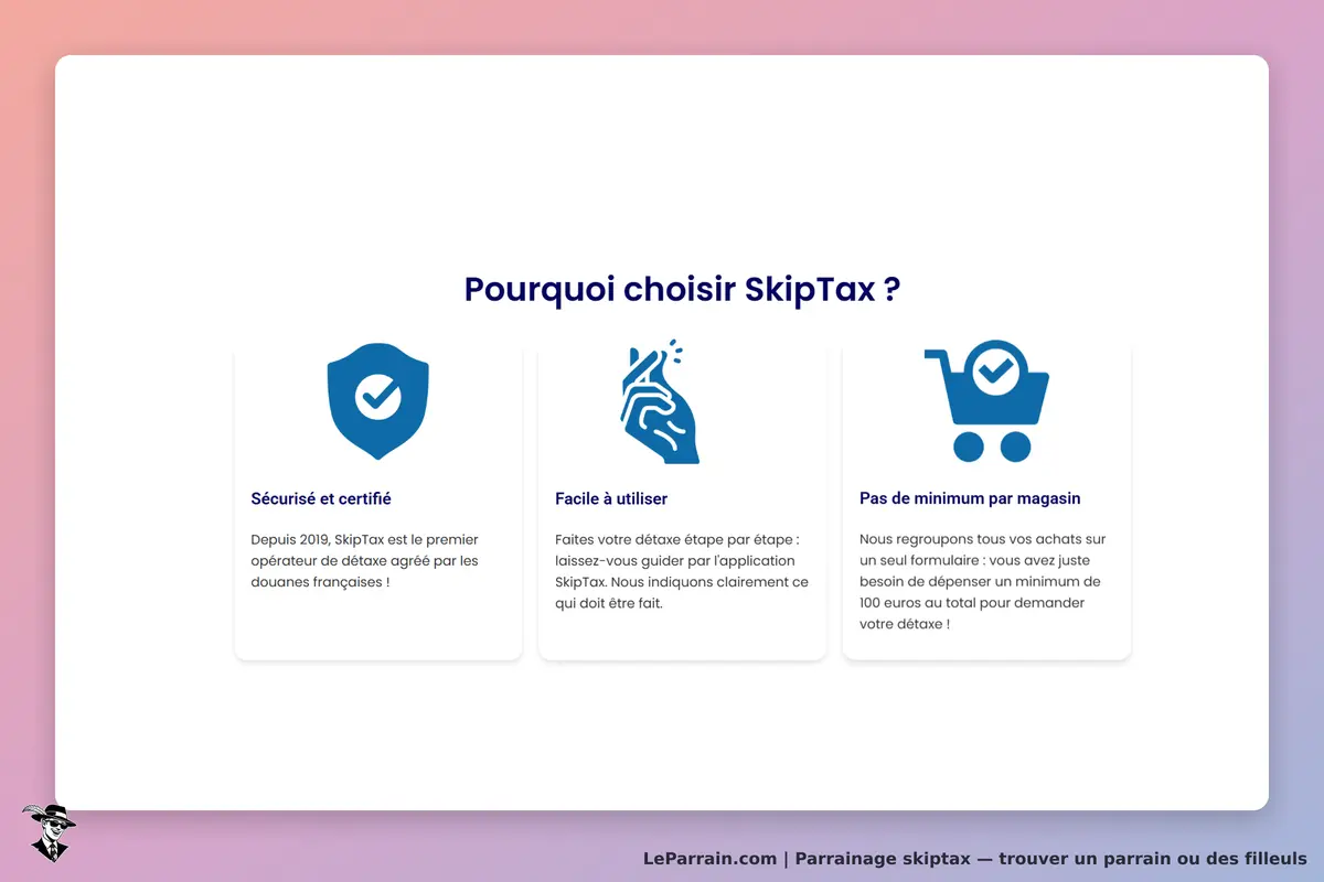 SkipTax : section expliquant les avantages de SkipTax avec trois icônes et descriptions